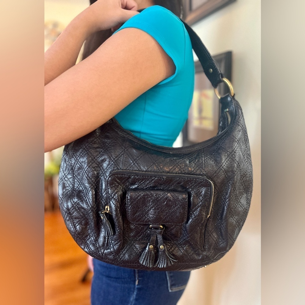 Antonio Melani Black Hobo Bag Quilted Leather Cargo Pockets Tassle Zips Shouder